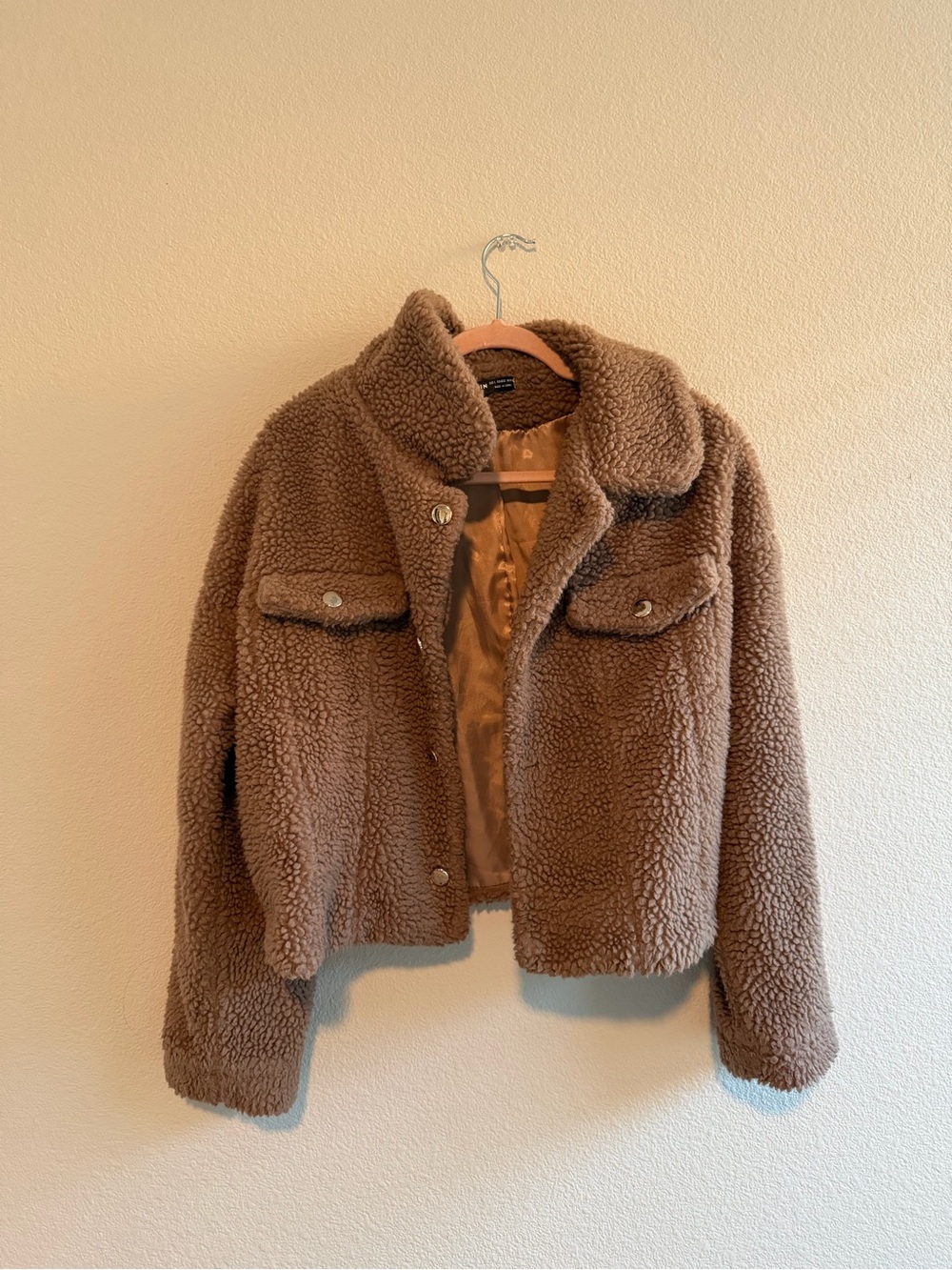 SHEIN Plush Teddy Sherpa Coat in Taupe